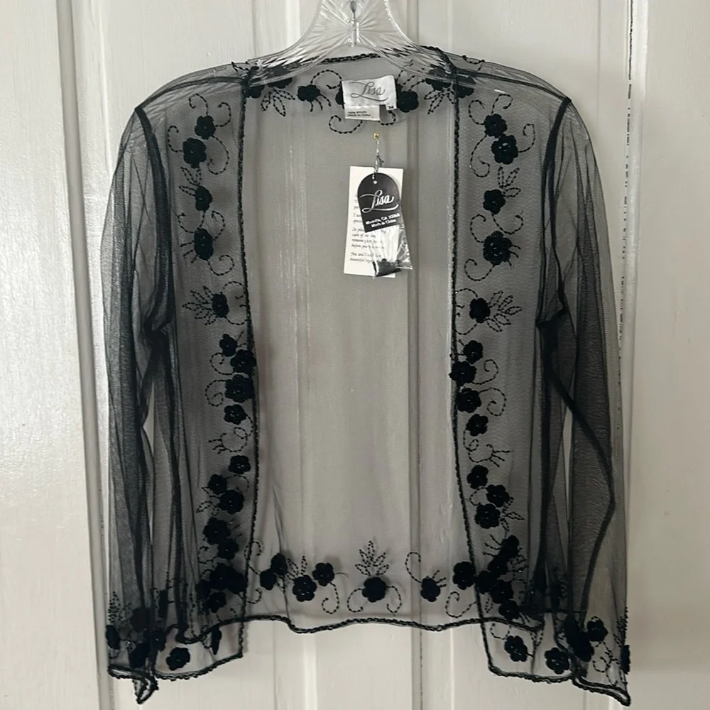 Vintage Y2K Sheer Black Beaded Rosette Bed Jacket Medium NWT - Picture 1 of 8
